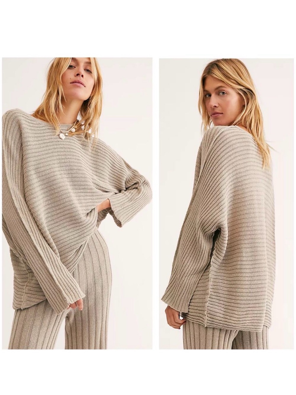 Free People Beach Imogene Sweater Size Medium Tan Ribbed Oversized Open Knit - Picture 2 of 8